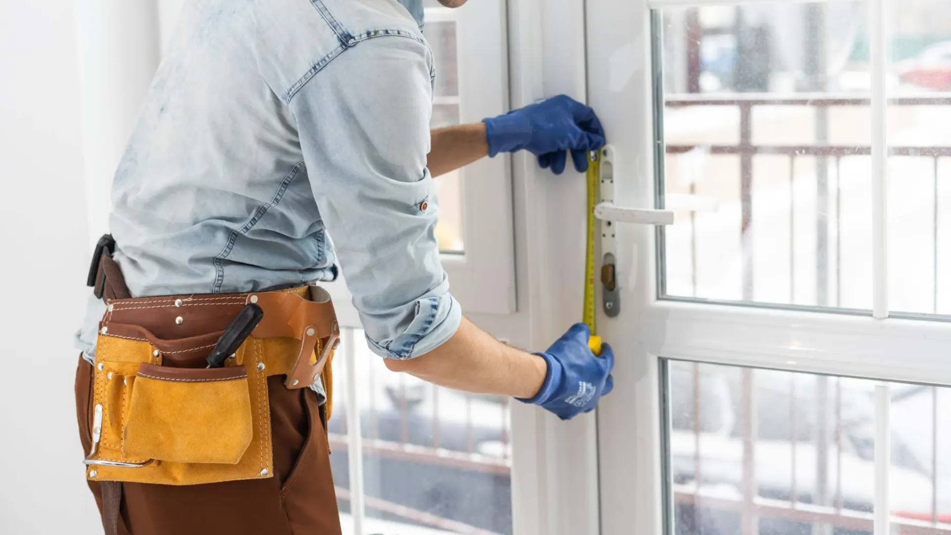Window fitter checking a double glazed window for Pembrokeshire Window Medic